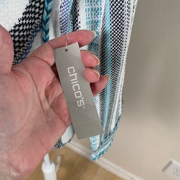 NEW Chico's Size 2 US L Cotton Sweater Jacket 3/4 Sleeve Lightweight Blue White - Picture 10 of 12